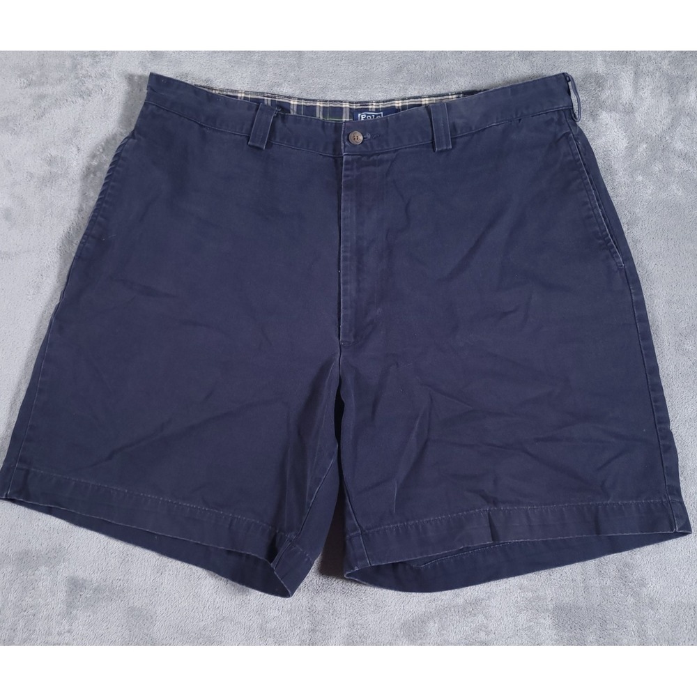 Polo Ralph Lauren Shorts Mens 38 Navy Blue Made In USA Plaid Lined Chino Classic